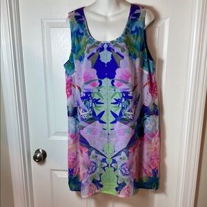 Floral Tropical Blue and Green Sleeveless Scoop Neck Sundress Size 16